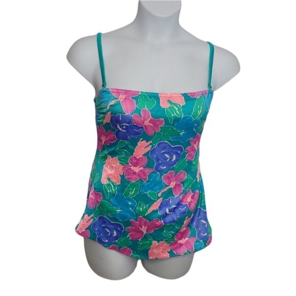 VINTAGE 90s one piece swimsuit florescent floral print‎ with detachable straps M - Picture 1 of 14